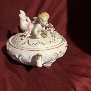 Antique Ardco Bisque Porcelain Cherubs Candy dish 1950's  5in tall x7 dia